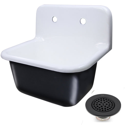 Nantucket Sinks CI-2218-FBMBLSET white and black cast iron wall-mount utility sink with matte black drain, white background