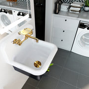 Nantucket Sinks CI-2218-FBSBSET utility sink wall-mounted in a laundry room with a brass faucet and brass drain