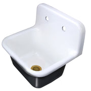 Nantucket Sinks CI-2218-FBSBSET cast iron utility sink from the side showing the backsplash and satin brass drain