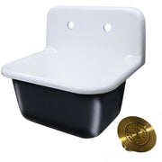 Nantucket Sinks CI-2218-FBSBSET white and black cast iron wall-mount utility sink with satin brass drain, white background