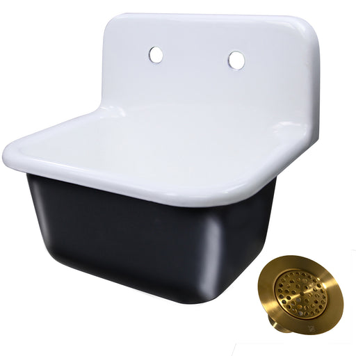 Nantucket Sinks CI-2218-FBSBSET white and black cast iron wall-mount utility sink with satin brass drain, white background