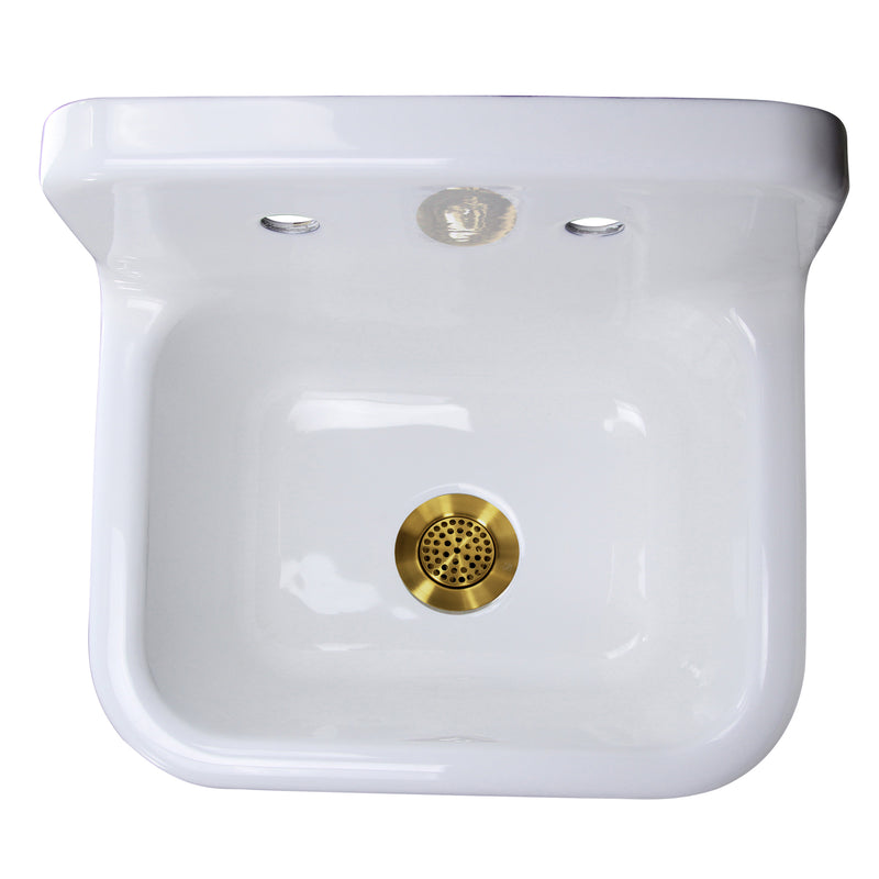 Nantucket Sinks CI-2218-FBSBSET looking down into the white basin with the satin brass grid drain