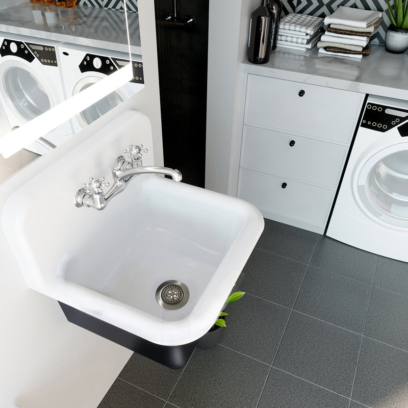 Nantucket Sinks CI-2218-FBSET utility sink wall-mounted in a laundry room with a chrome faucet and drain
