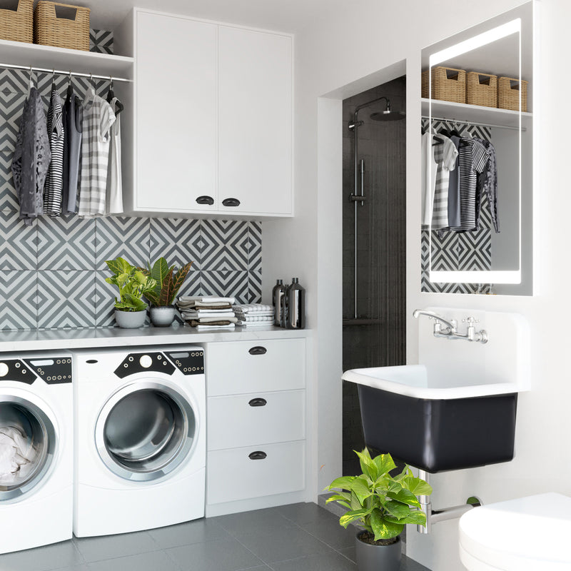 Nantucket Sinks CI-2218-FBSET wide view of a laundry room with the white and black utility sink beside the washer