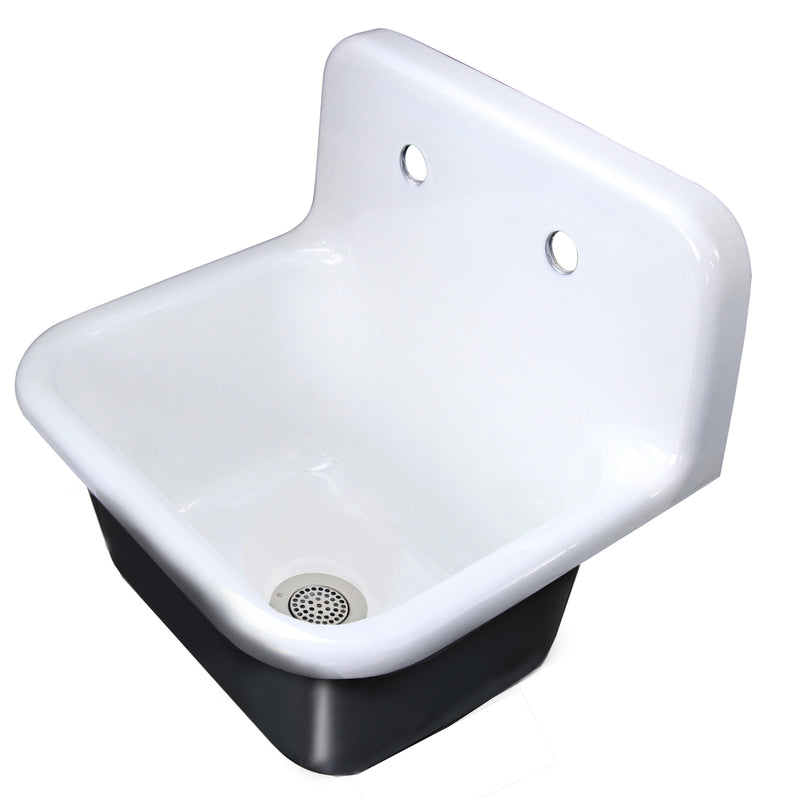 Nantucket Sinks CI-2218-FBSET cast iron utility sink from the side showing the backsplash and chrome drain