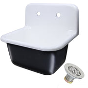 Nantucket Sinks CI-2218-FBSET white and black cast iron wall-mount utility sink with chrome drain, white background
