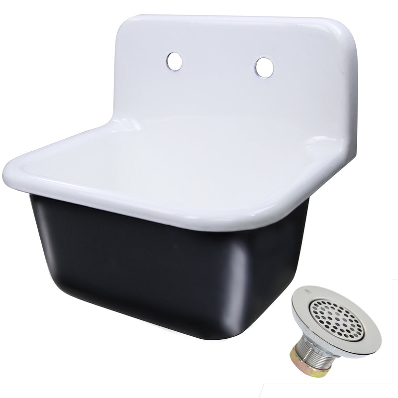 Nantucket Sinks CI-2218-FBSET white and black cast iron wall-mount utility sink with chrome drain, white background