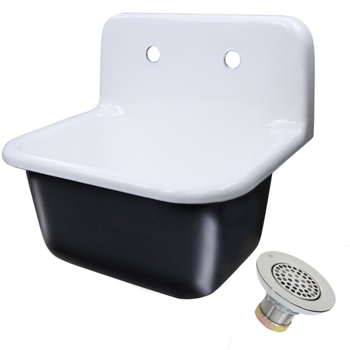 Nantucket Sinks CI-2218-FBSET white and black cast iron wall-mount utility sink with chrome drain, white background
