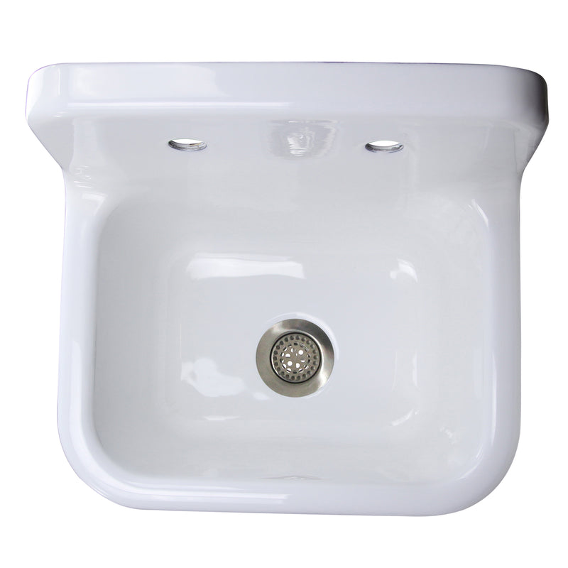 Nantucket Sinks CI-2218-FBSET looking down into the white basin with the chrome grid drain