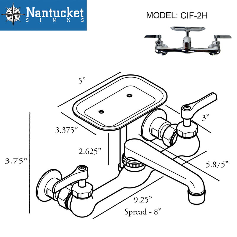 Nantucket Sinks CIF-2H dimensional drawing of the faucet, 8" spread, 9.25" spout and 5" soap dish