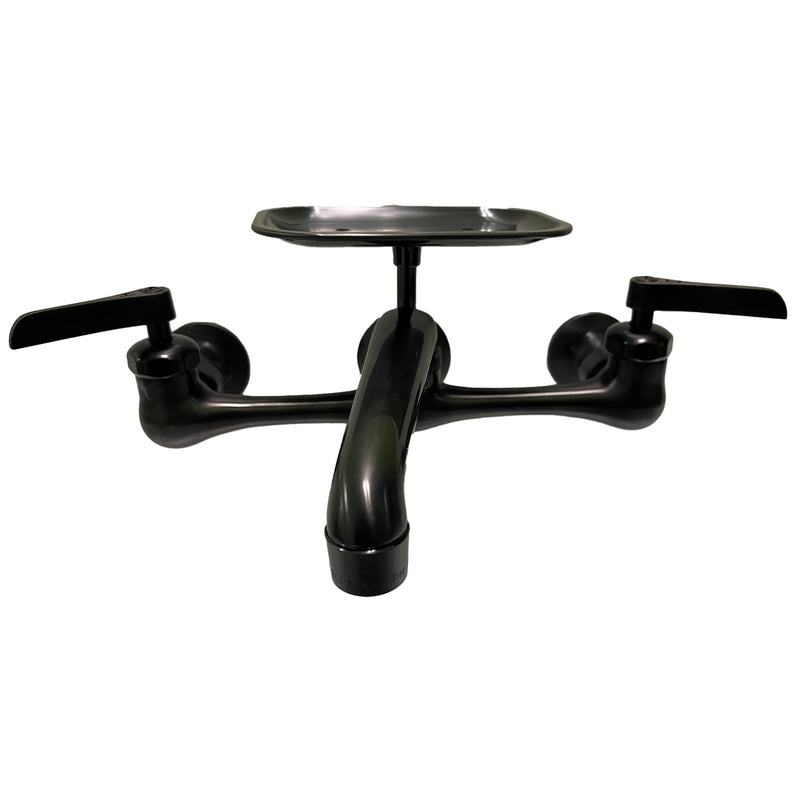 Nantucket Sinks CIF-2HMBL black utility faucet front view with lever handles and soap dish