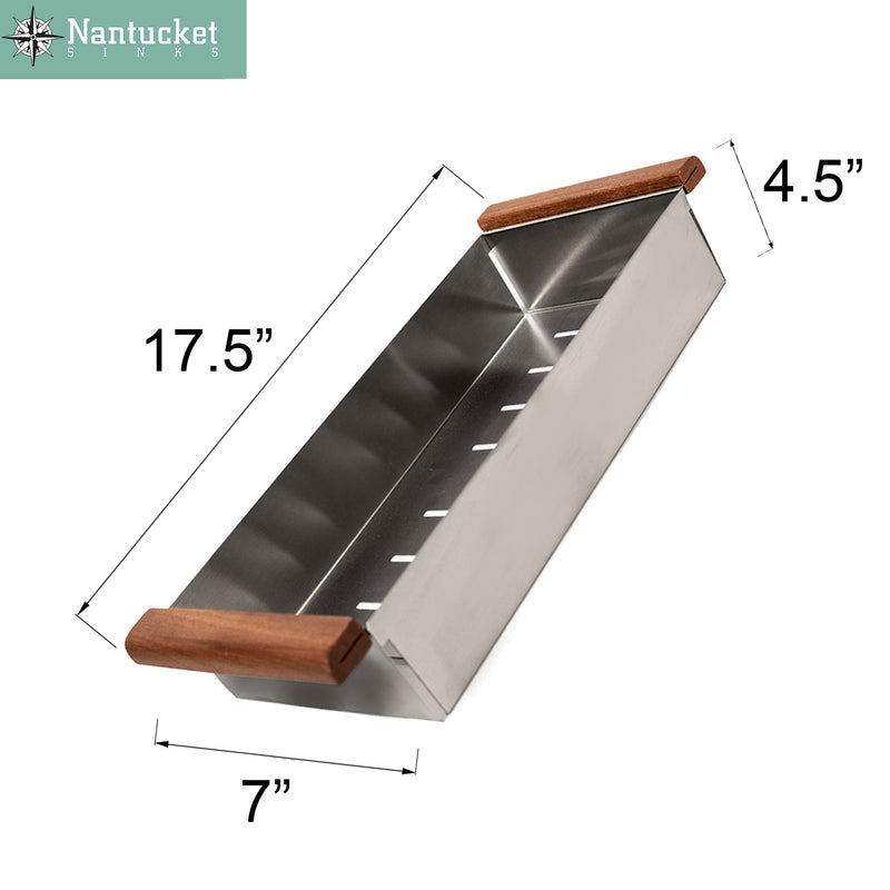 Nantucket Sinks DC-TFCPS colander with dimensions marked, 17.5" long, 7" wide and 4.5" deep