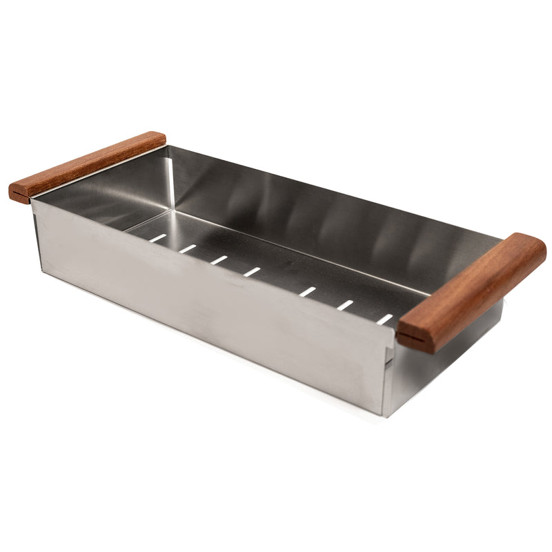 Nantucket Sinks DC-TFCPS stainless deluxe colander with Sapele wood end rails, three-quarter view, white background
