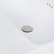 Nantucket Sinks DI-2317-R1 close-up of the brushed drain and rear overflow holes in the white bowl