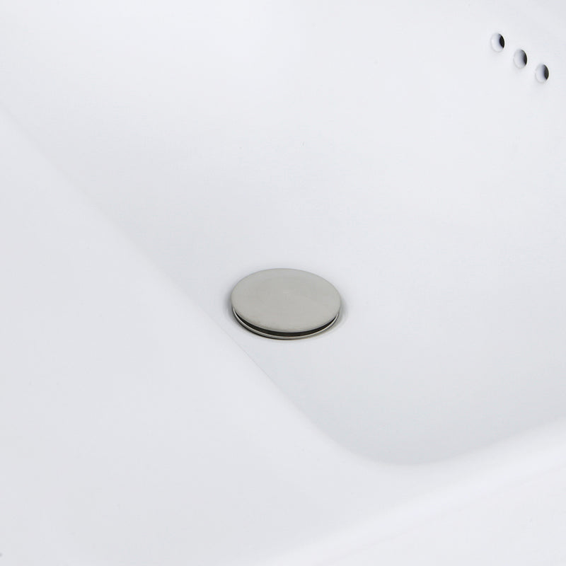 Nantucket Sinks DI-2317-R1 close-up of the brushed drain and rear overflow holes in the white bowl
