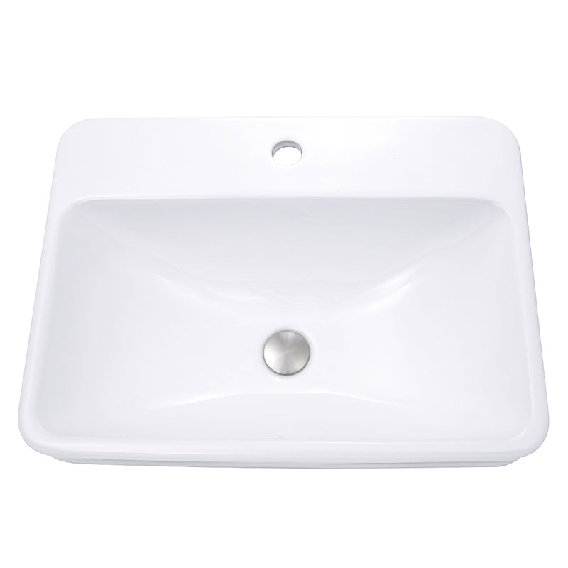 Nantucket Sinks DI-2317-R1 white rectangular drop-in sink from above with single faucet hole and drain