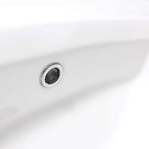 Nantucket Sinks DI-2320-R8 close-up of the chrome-trimmed overflow in the white glazed bowl