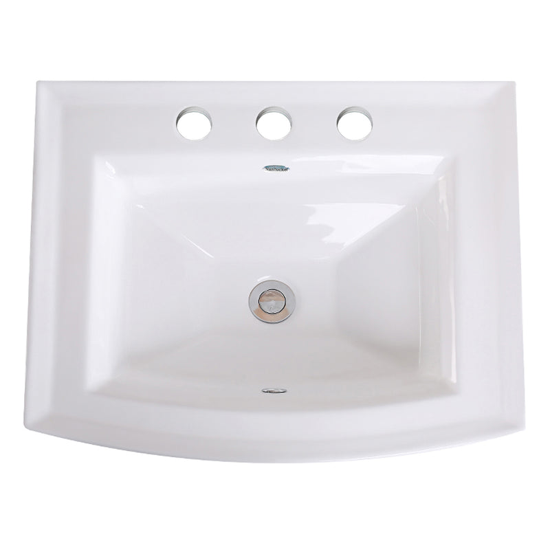 Nantucket Sinks DI-2320-R8 white bow-front drop-in sink with three 8" spread faucet holes, top view, white background