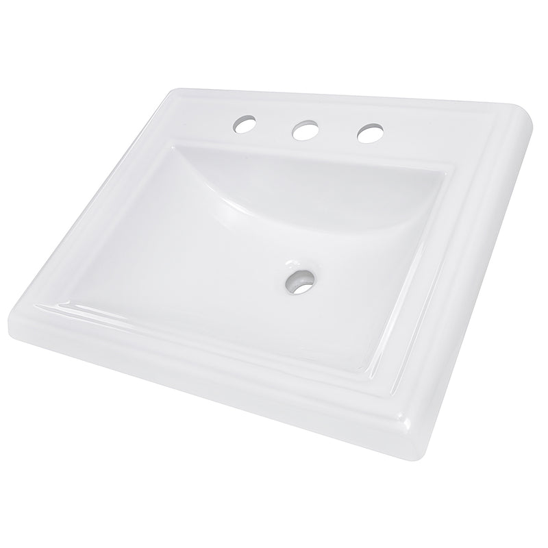 Nantucket Sinks DI-2418-R8 white stepped-rim drop-in sink angled from above showing widespread holes and overflow