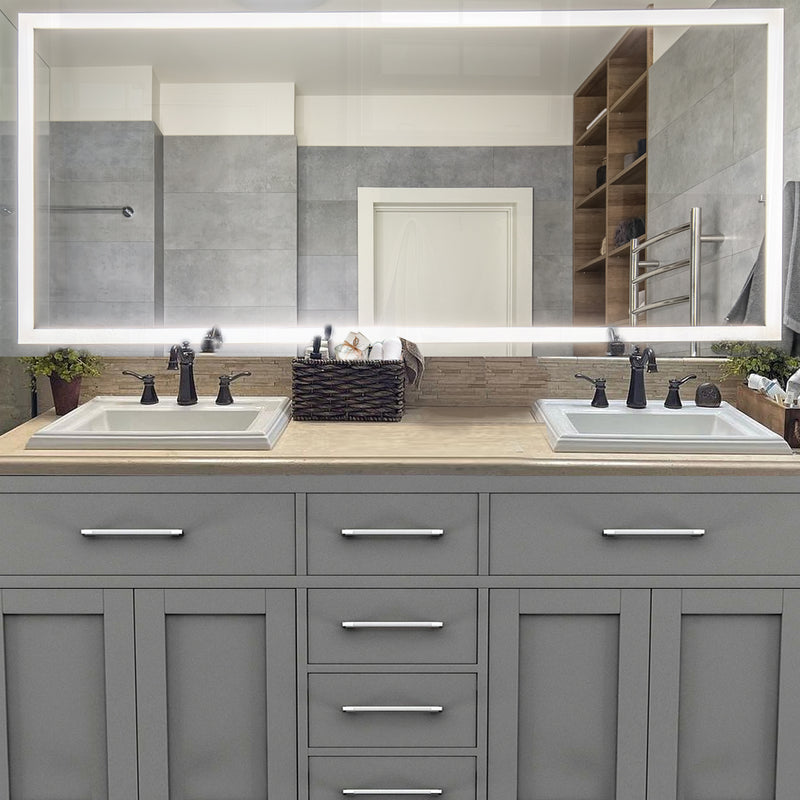 Nantucket Sinks DI-2418-R8 two stepped-rim drop-in sinks with bronze widespread faucets on a gray double vanity