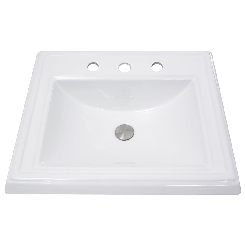 Nantucket Sinks DI-2418-R8 white stepped-rim rectangular drop-in sink with three 8" spread faucet holes, white background