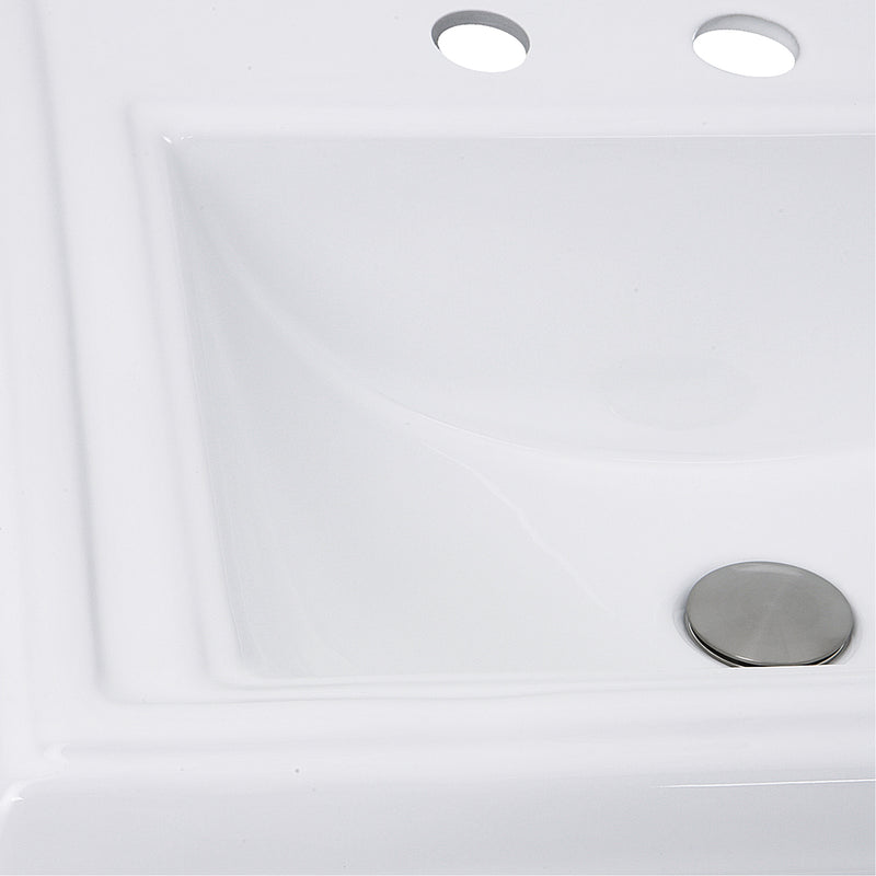 Nantucket Sinks DI-2418-R8 close-up of the stepped rim, faucet holes and brushed drain