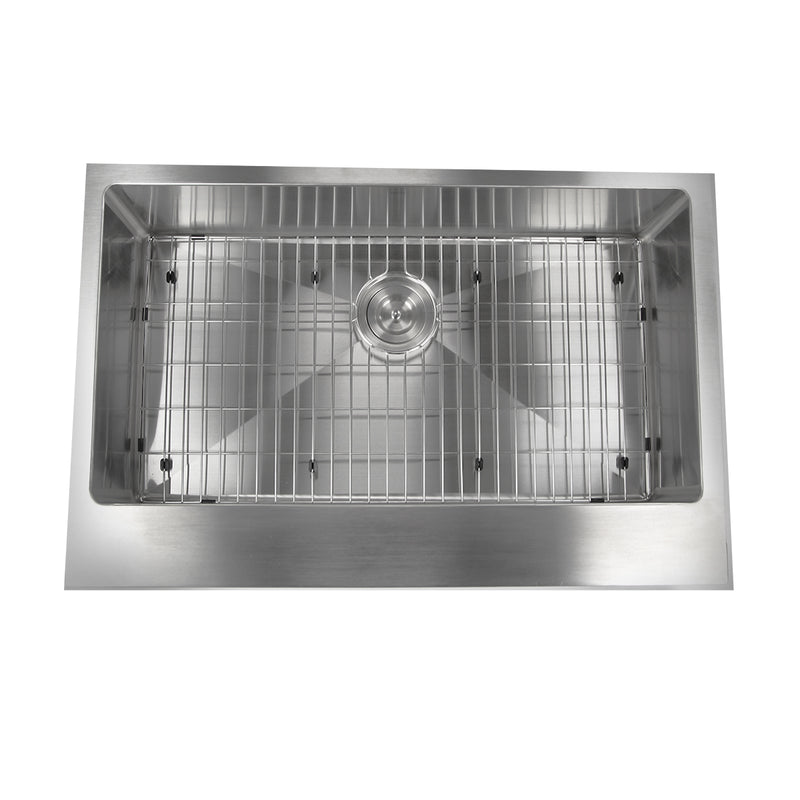 Nantucket Sinks EZApron33-5.5 overhead view with the bottom grid and colander drain installed