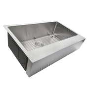 Nantucket Sinks EZApron33 three-quarter view showing the apron panel, bowl and grid