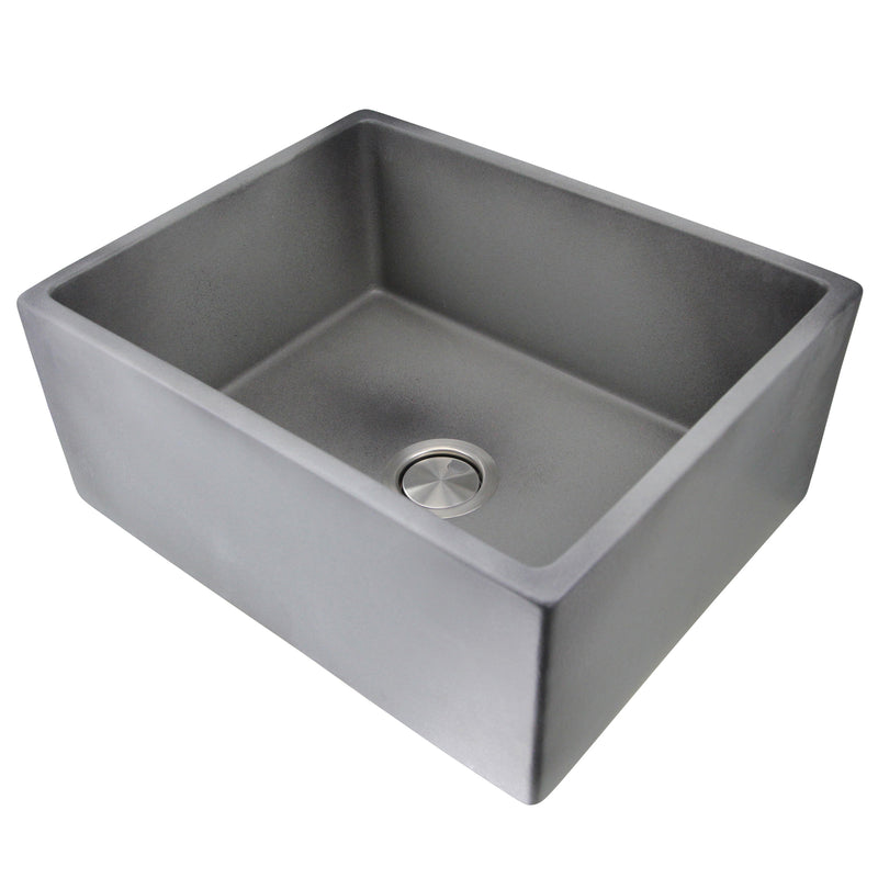Nantucket Sinks FCFS2418S-Concrete grey Concrete fireclay farmhouse sink, three-quarter view into the bowl and drain