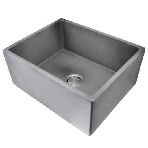 Nantucket Sinks FCFS2418S-Concrete grey Concrete fireclay farmhouse sink, three-quarter view into the bowl and drain