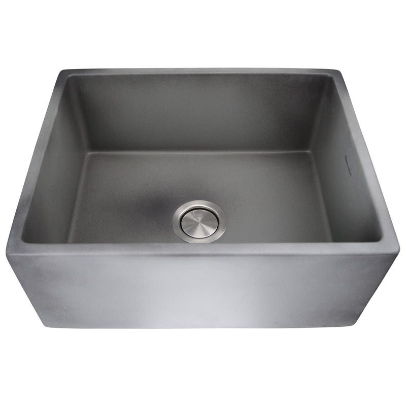 Nantucket Sinks FCFS2418S-Concrete Concrete farmhouse sink from the front above, single bowl with rear drain