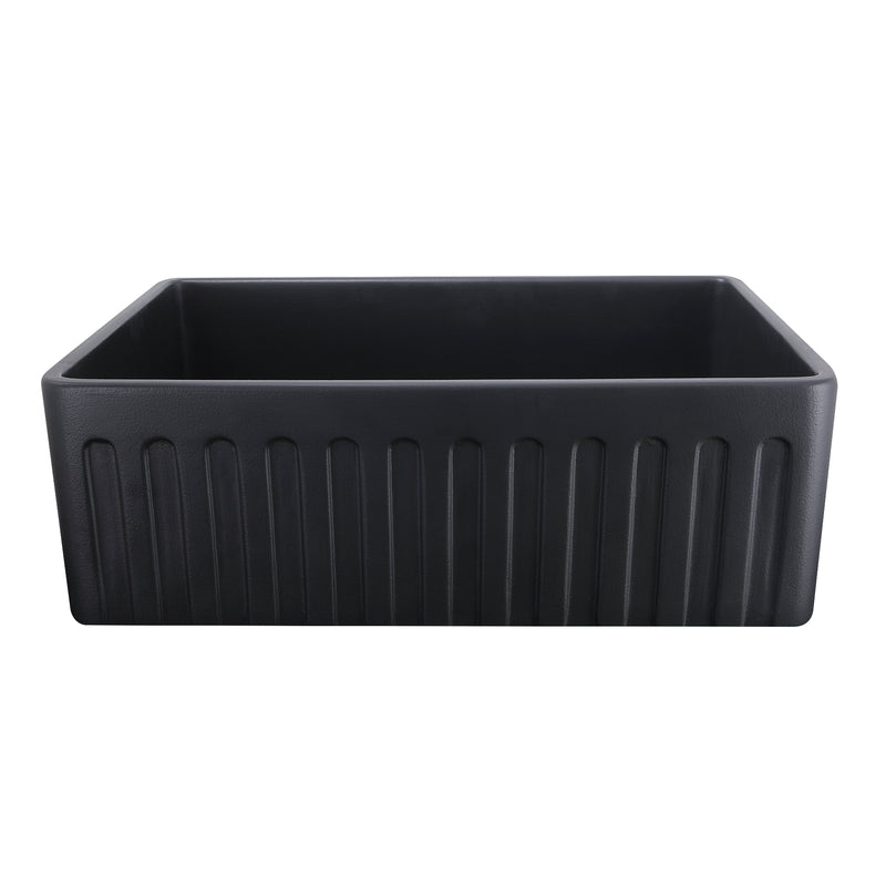 Nantucket Sinks FCFS3020S-MatteBlack Matte Black farmhouse sink reversed to the fluted apron side