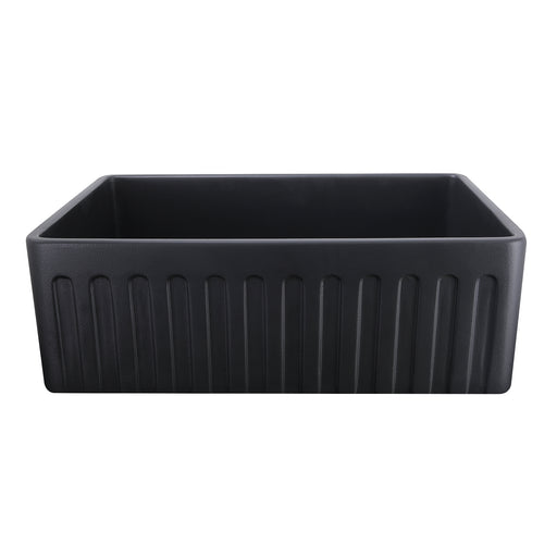 Nantucket Sinks FCFS3020S-MatteBlack Matte Black farmhouse sink reversed to the fluted apron side