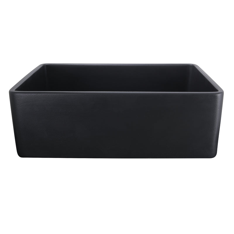 Nantucket Sinks FCFS3020S-MatteBlack Matte Black fireclay farmhouse sink, front view of the plain flat apron