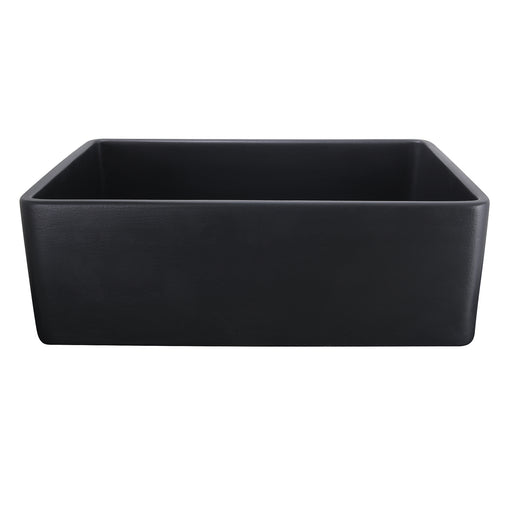 Nantucket Sinks FCFS3020S-MatteBlack Matte Black fireclay farmhouse sink, front view of the plain flat apron