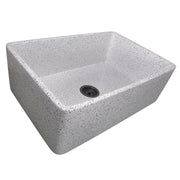 Nantucket Sinks FCFS3020S-PietraSarda speckled Pietra Sarda fireclay farmhouse sink, three-quarter view of the flat apron