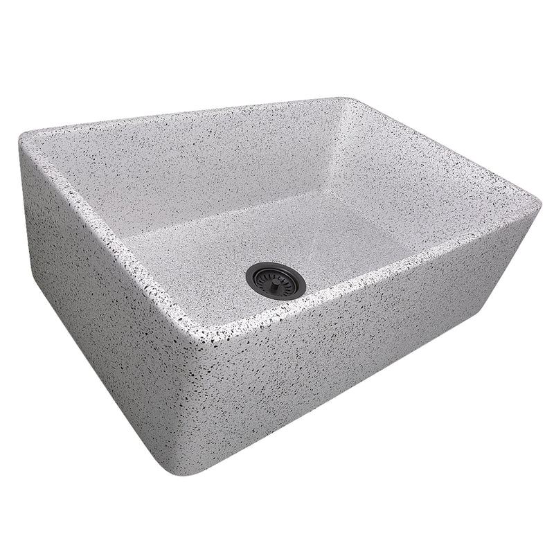 Nantucket Sinks FCFS3020S-PietraSarda speckled Pietra Sarda fireclay farmhouse sink, three-quarter view of the flat apron