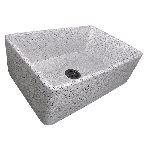 Nantucket Sinks FCFS3020S-PietraSarda speckled Pietra Sarda fireclay farmhouse sink, three-quarter view of the flat apron
