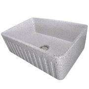 Nantucket Sinks FCFS3020S-PietraSarda Pietra Sarda farmhouse sink reversed to the fluted apron side, three-quarter view