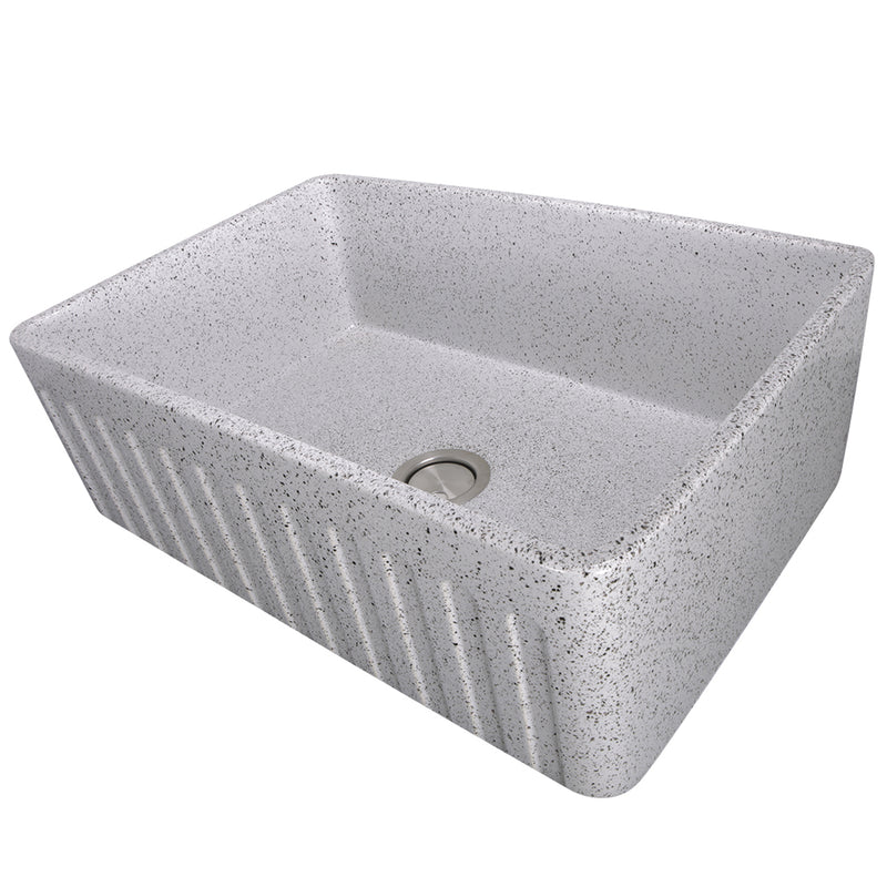 Nantucket Sinks FCFS3020S-PietraSarda Pietra Sarda farmhouse sink reversed to the fluted apron side, three-quarter view