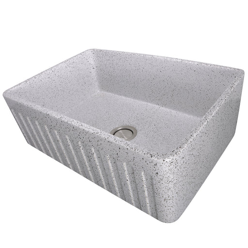 Nantucket Sinks FCFS3020S-PietraSarda Pietra Sarda farmhouse sink reversed to the fluted apron side, three-quarter view