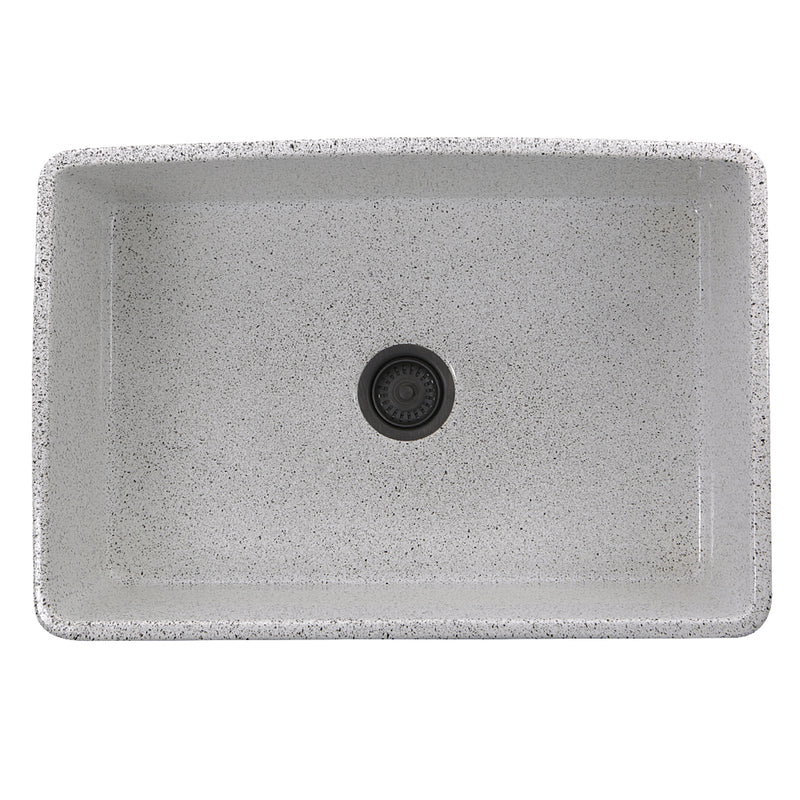 Nantucket Sinks FCFS3020S-PietraSarda Pietra Sarda farmhouse sink from above, speckled bowl with dark drain