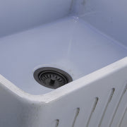 Nantucket Sinks FCFS3020S-ShabbySugar close-up of the Shabby Sugar blue glaze and fluted apron edge