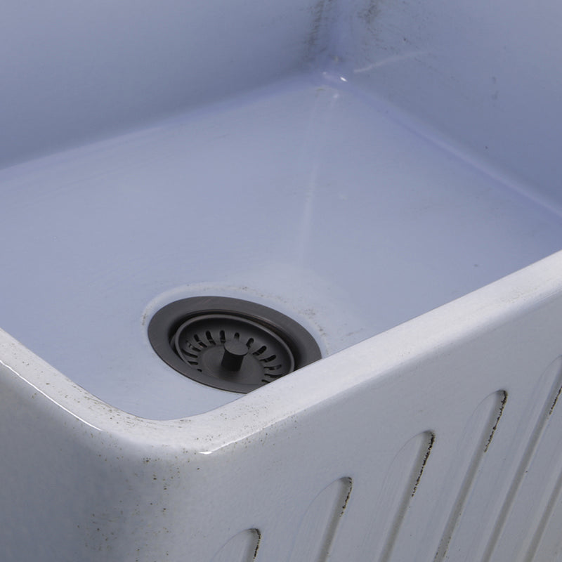 Nantucket Sinks FCFS3020S-ShabbySugar close-up of the Shabby Sugar blue glaze and fluted apron edge