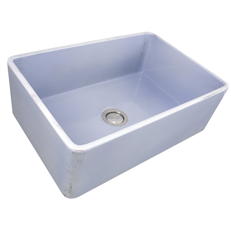 Nantucket Sinks FCFS3020S-ShabbySugar distressed Shabby Sugar light blue fireclay farmhouse sink, three-quarter view