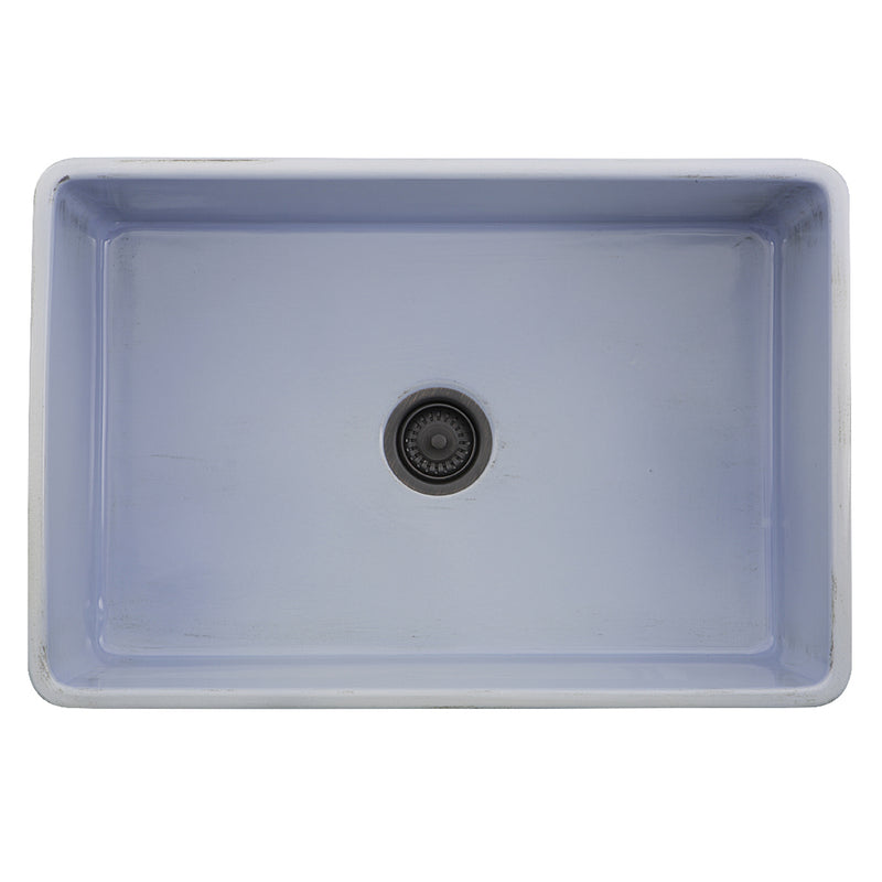 Nantucket Sinks FCFS3020S-ShabbySugar Shabby Sugar farmhouse sink from above into the bowl and dark drain