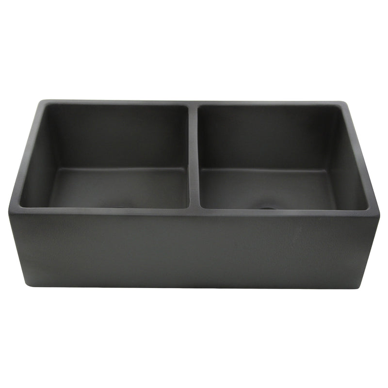Nantucket Sinks FCFS3318D-Concrete Concrete double bowl farmhouse sink elevated front view into both bowls