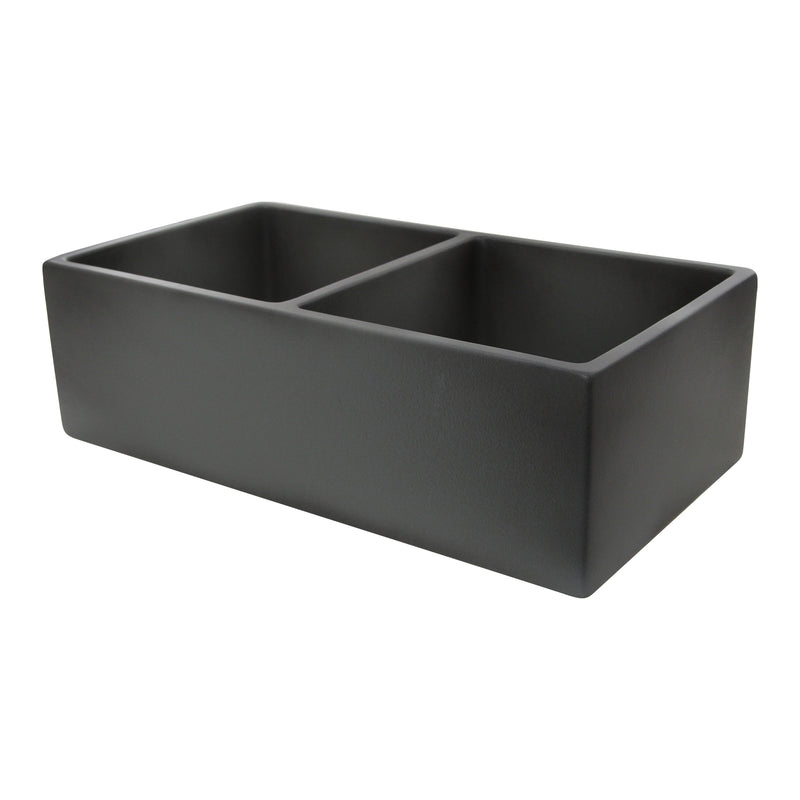 Nantucket Sinks FCFS3318D-Concrete grey Concrete double bowl fireclay farmhouse sink, three-quarter view