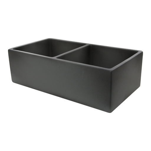 Nantucket Sinks FCFS3318D-Concrete grey Concrete double bowl fireclay farmhouse sink, three-quarter view