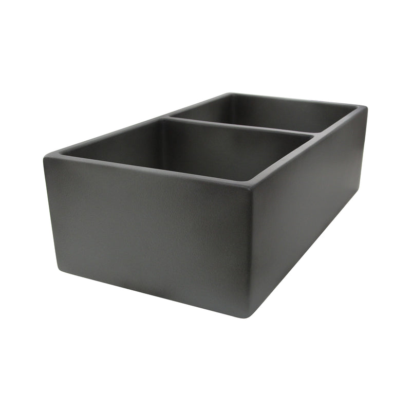 Nantucket Sinks FCFS3318D-Concrete Concrete double bowl farmhouse sink from the opposite corner, flat apron